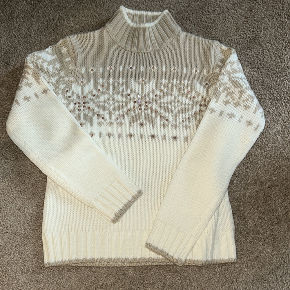 St. John's Bay Womens Mock Neck Long Sleeve Pullover Sweater Sparkle White/Tan M
